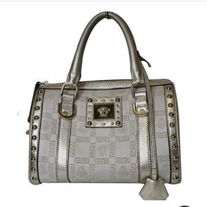 Versace Metallic Gold Beige Signature Fabric and Leather Snap Out Of It Satchel